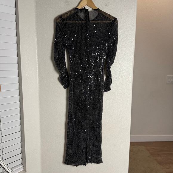 Rachel Roy Charcoal Silver Sequined Long Sleeve Cocktail Party Midi Dress Sz XS - Picture 10 of 14